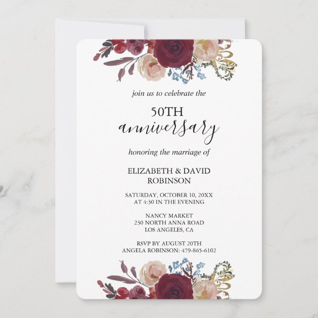 Invitación rosa burdeos boda del 50 aniversario negro (Anverso)