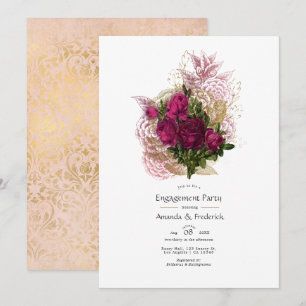 Invitación Rosa Burdeos Dorado Floral Desgastado Fiesta de Co
