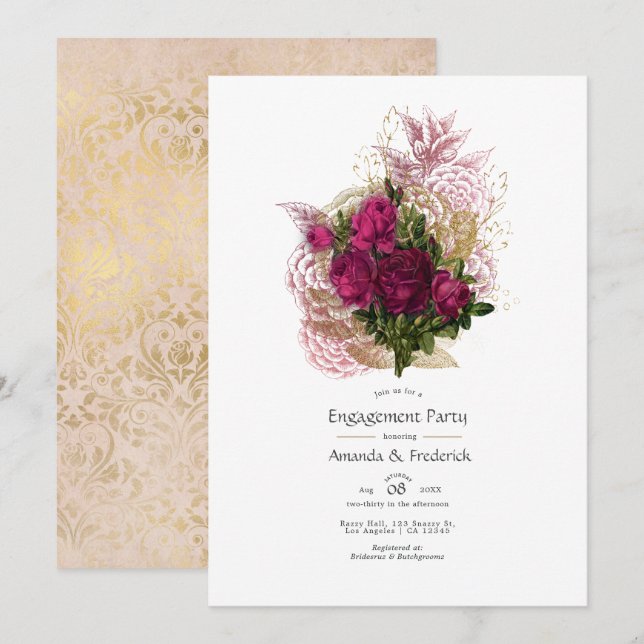 Invitación Rosa Burdeos Dorado Floral Desgastado Fiesta de Co (Anverso / Reverso)