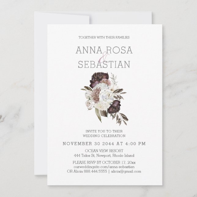 Invitación *~* Rosa BURGUNDY BODA Floral AR15 RSVP + (Anverso)
