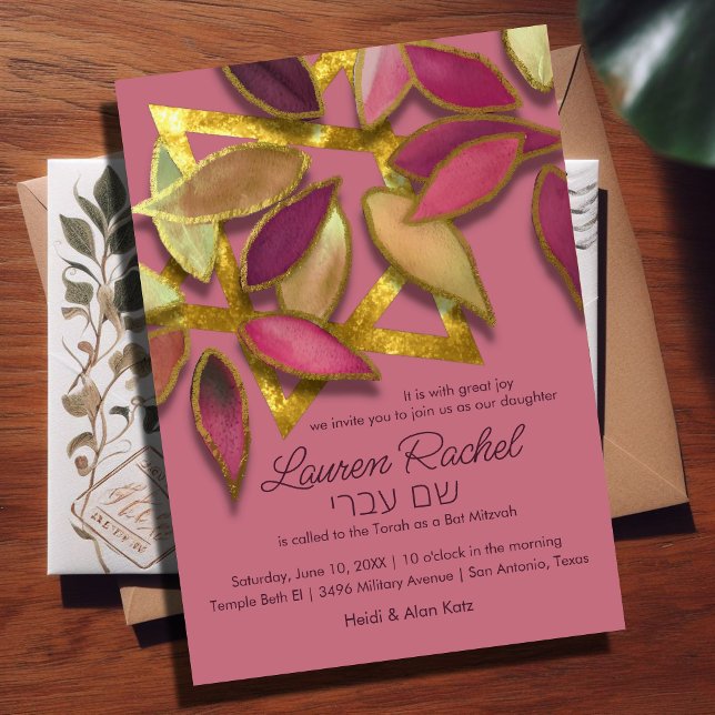 Invitación Rosa Burgundy de Bat Mitzvah Pétalos de Acuarela E (Subido por el creador)