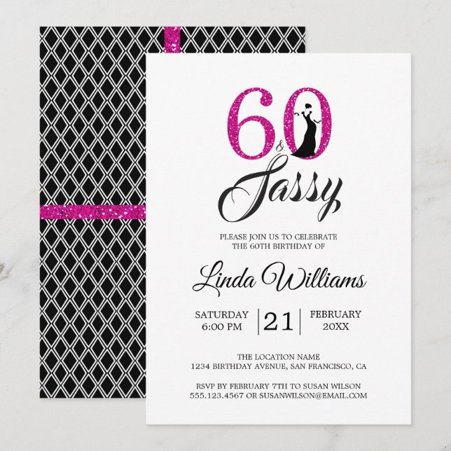 Invitación Rosa caliente 60 y suave | 60.ª fiesta de cumpleañ (Anverso / Reverso)