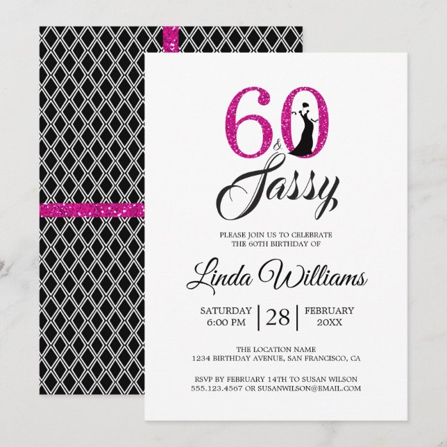 Invitación Rosa caliente 60 y suave | 60.ª fiesta de cumpleañ (Anverso / Reverso)