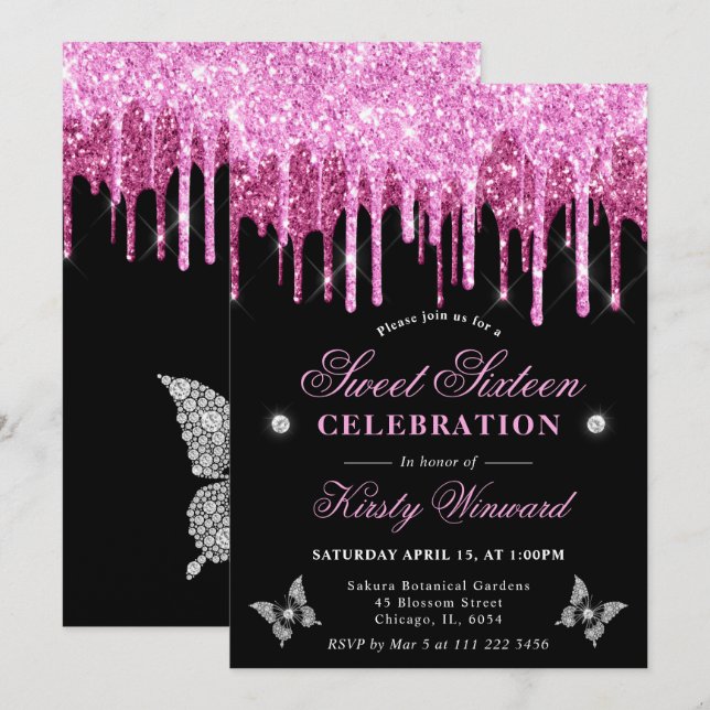 Invitación Rosa Caliente Brillante Glitter Dulce 16 (Anverso / Reverso)