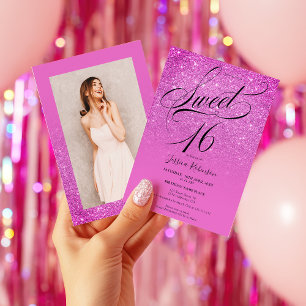 Invitación Rosa caliente brillo ombre guión foto Dulces 16