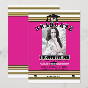 Invitación Rosa Caliente Dorado Blanco Elegante Foto Fiesta d