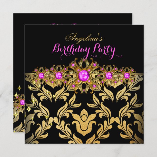 Invitación Rosa Caliente Dorado Negro Cumpleaños Fiesta Damas (Anverso / Reverso)