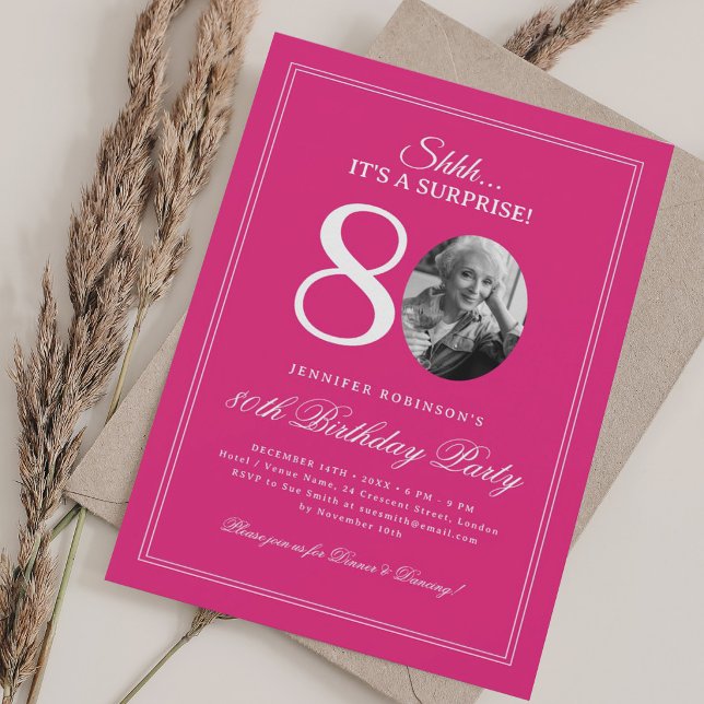 Invitación Rosa Caliente | Fiesta de Cumpleaños 80 Sorpresa (Hot Pink | Surprise 80th Birthday Party Invitation)