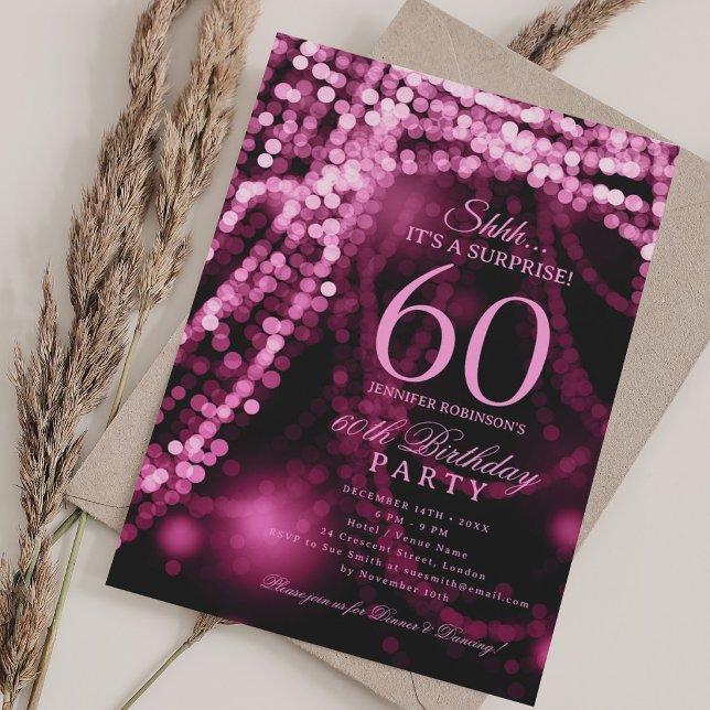 Invitación Rosa Caliente | Fiesta Sorpresa de 60 Cumpleaños  (Hot Pink | Surprise 60th Birthday Party Invitation)