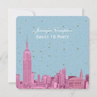 Invitación Rosa Caliente Horizonte de NYC Estrella Azul SQ Du