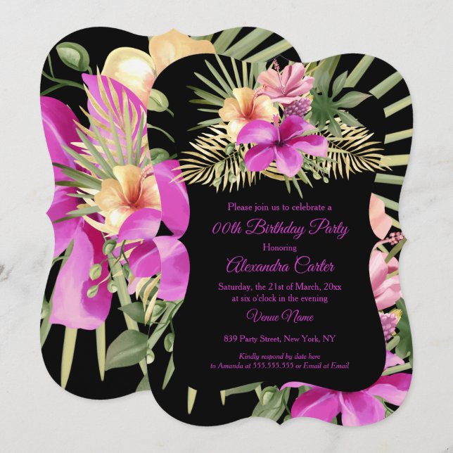 Invitación Rosa Caliente Negro Hibiscus Fiesta Floral Tropica (Anverso / Reverso)