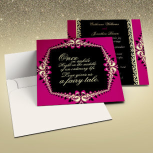 Invitación Rosa Caliente Negro Oro Fractal Encaje Cuento de H