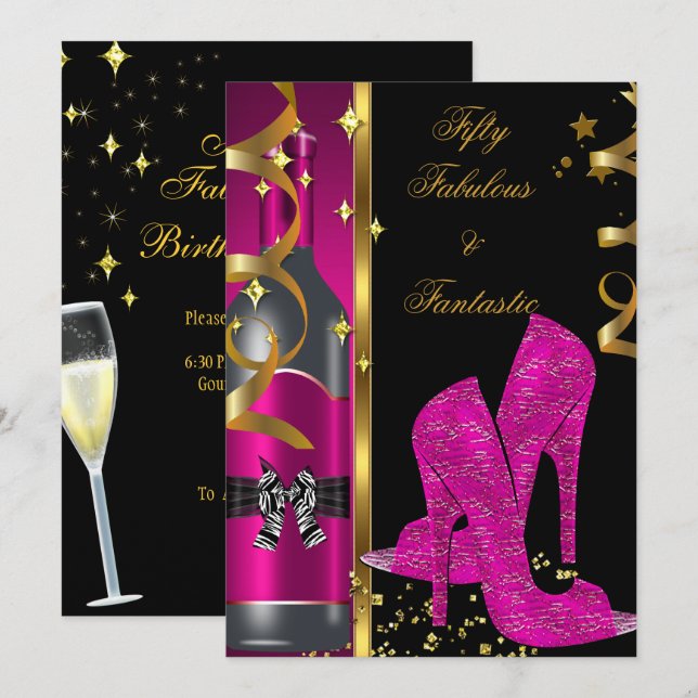 Invitación Rosa Caliente Oro 50 & Fabuloso Fantástico Cumplea (Anverso / Reverso)