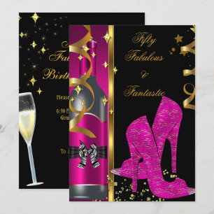 Invitación Rosa Caliente Oro 50 & Fabuloso Fantástico Cumplea