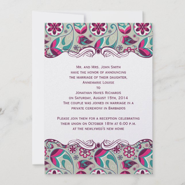Invitación Rosa Caliente Teal Paisley Post Boda (Anverso)