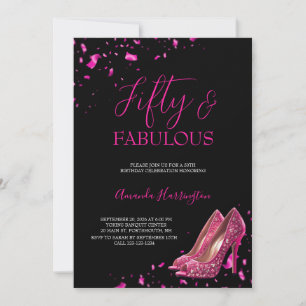 Invitación Rosa Caliente y Negro 50 y Fabuloso Cumpleaños 50