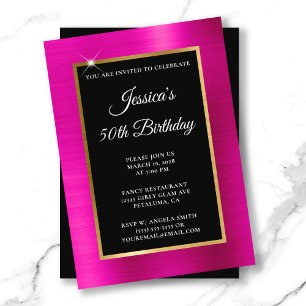 Invitación Rosa Caliente y Negro con Hoja de Oro Cumpleaños 5