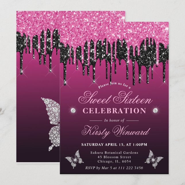 Invitación Rosa Caliente y Negro Glitter Goteante Cumpleaños  (Anverso / Reverso)