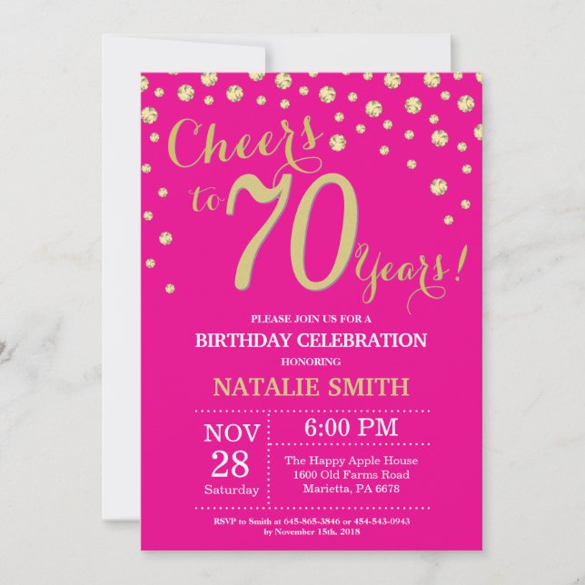 Invitación Rosa caliente y oro 70.º Diamante de cumpleaños (Anverso)