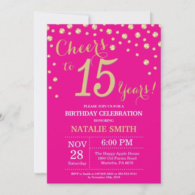 Invitación Rosa caliente y oro Diamante de 15 años (Anverso)