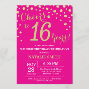 Invitación Rosa caliente y Oro Sorpresa 16 cumpleaños Diamant