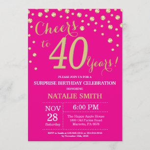 Invitación Rosa caliente y oro Sorpresa 40 Diamante de cumple