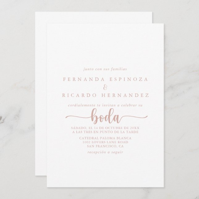 Invitación Rosa caligrafía de oro Boda español (Anverso / Reverso)