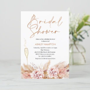 Invitación Rosa caligrafía de oro Boho Pampas ducha de novia 