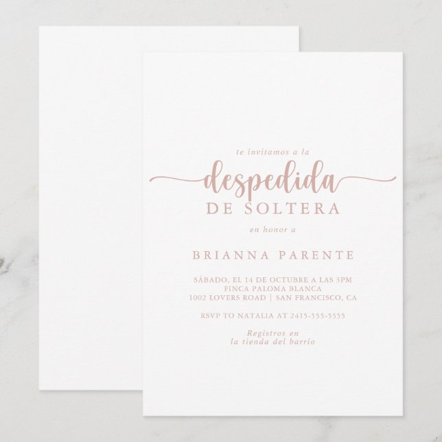 Invitación Rosa caligrafía de oro ducha de novias española (Anverso / Reverso)