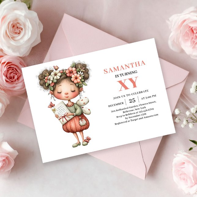 Invitación rosa caprichosa de cumpleaños de niña h (Cute Fairy Girl Birthday Whimsy Pink invitation)