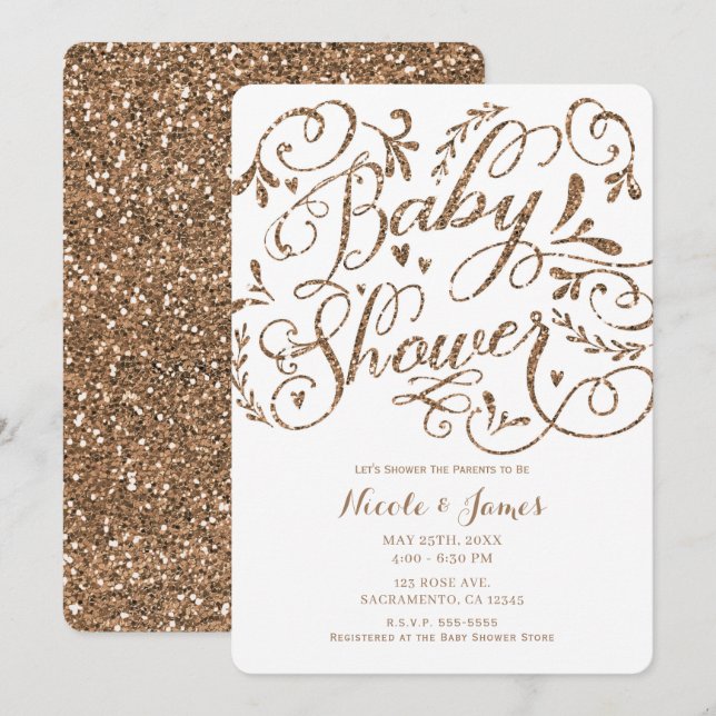 Invitación Rosa caprichoso Purpurina de oro Letters Baby Show (Anverso / Reverso)