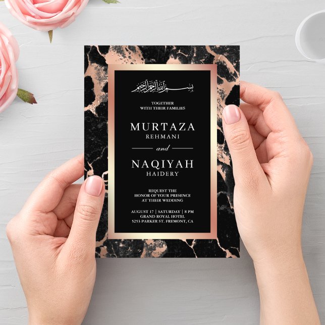 Invitación Rosa Carbón de oro Boda musulmán de mármol negro (Subido por el creador)