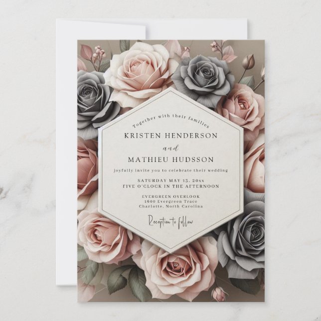 Invitación Rosa Carbón Floración Atemporal Boda (Anverso)
