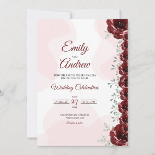 Invitación Rosa Carmesí Elegante Boda Acuarela Floral