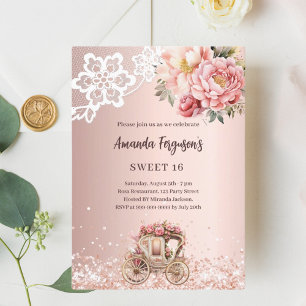 Invitación Rosa carro de flores rosa dorado Sweet 16