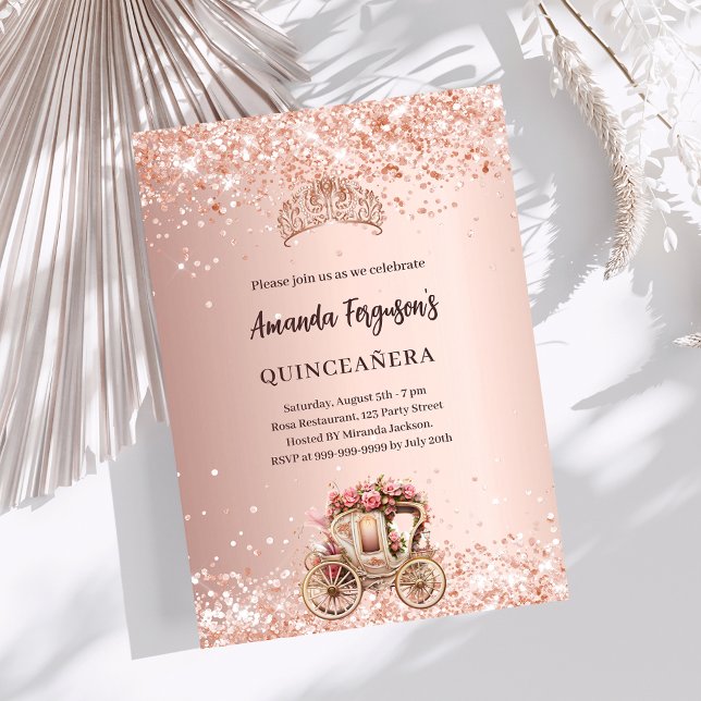 Invitación Rosa carro de oro tiara purpurina Quinceanera (Subido por el creador)