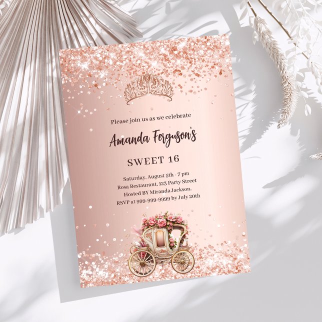 Invitación Rosa carro de oro tiara purpurina Sweet 16 (Subido por el creador)