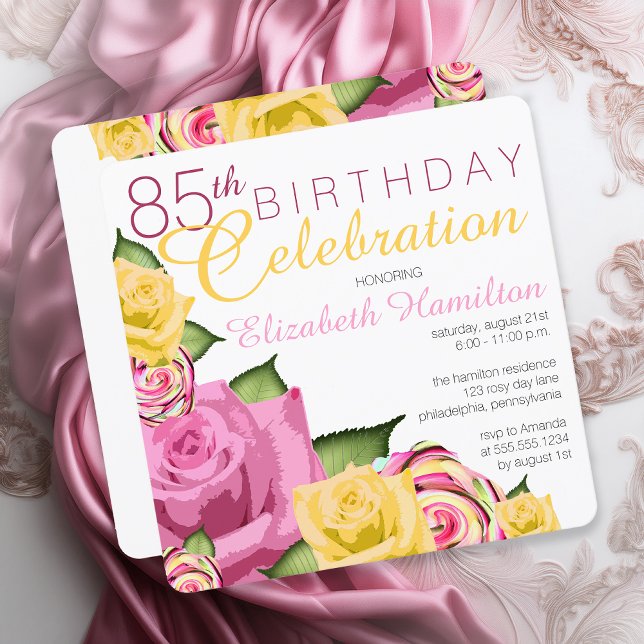 Invitación Rosa | Celebración del 85º cumpleaños de la floral (Elegant Pink and Yellow Floral 85th Birthday Celebration Invitation - Print | Digital Download)