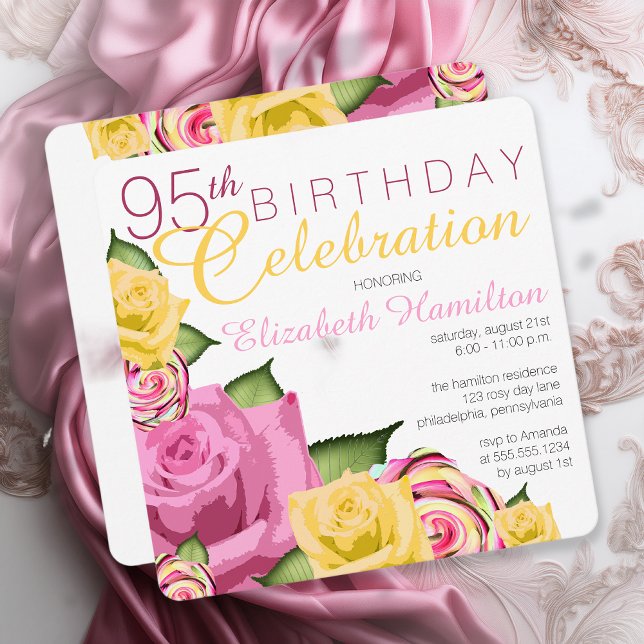 Invitación Rosa | Celebración del 95º cumpleaños de la floral (Elegant Pink and Yellow Floral 95th Birthday Celebration Invitation - Print | Digital Download)
