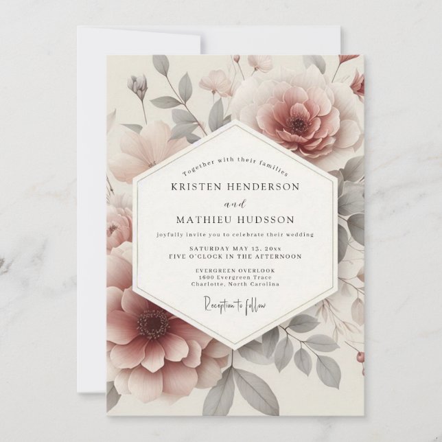 Invitación Rosa Ceniza Floral Etérea Boda (Anverso)