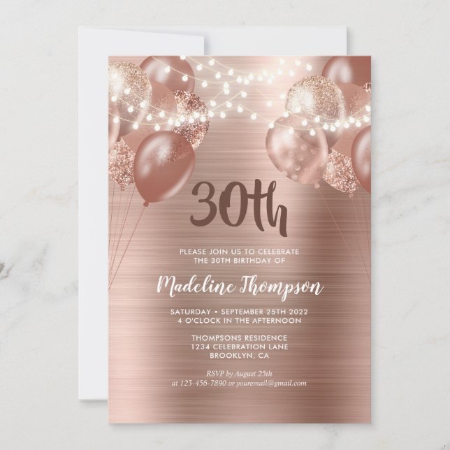 Invitación Rosa cepillado de cuerda dorada Balón de luz cumpl (Anverso)