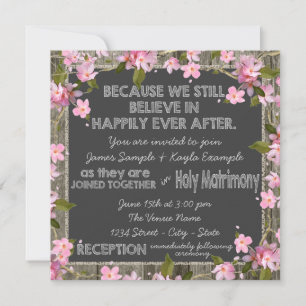 Invitación Rosa Cereza Rústico Granero Madera Tiza Boda