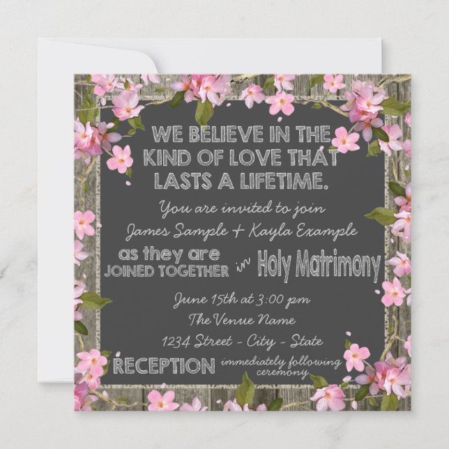 Invitación Rosa Cereza Rústico Granero Madera Tiza Boda (Anverso)