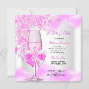 Invitación Rosa Champán Blanco Floral Fiesta Rosa Brillante