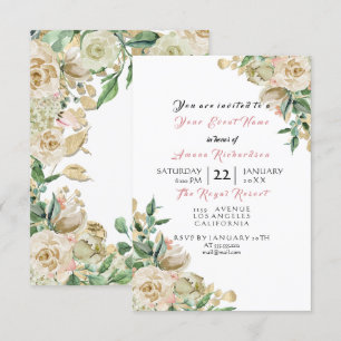 Invitación Rosa Champán Floral Cumpleaños Nupcial Oro