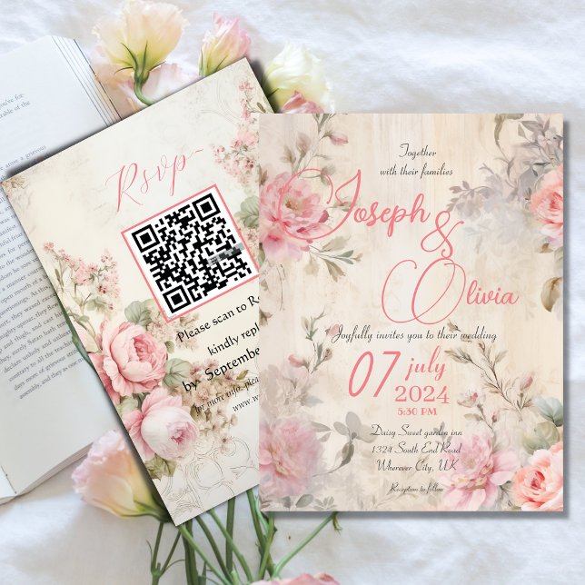 Invitación rosa chic vintage con boda rsvp qr (Subido por el creador)