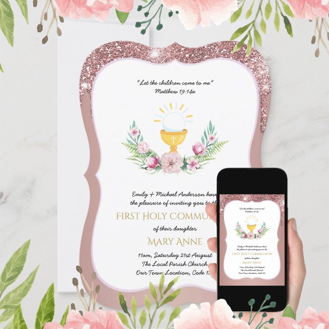 Invitación Rosa Chicas de oro floral primera comunión sagrada (Subido por el creador)