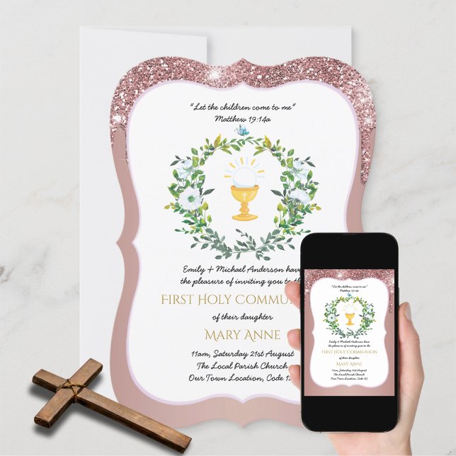 Invitación Rosa Chicas de oro floral primera comunión sagrada (Subido por el creador)