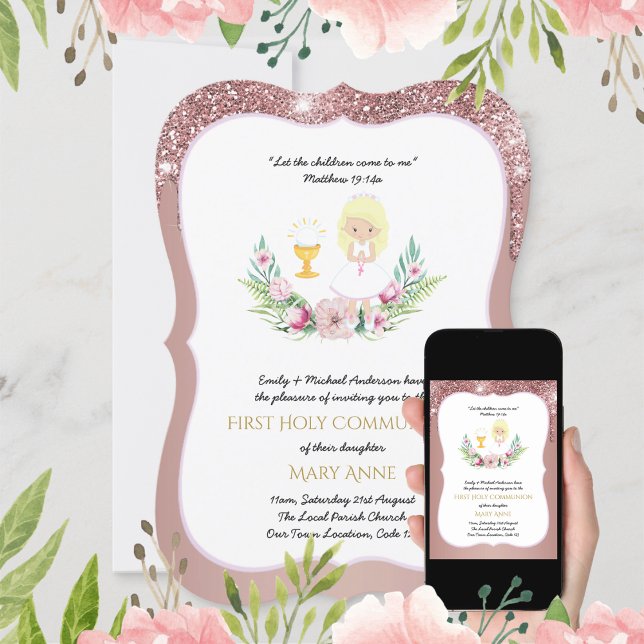 Invitación Rosa Chicas de oro floral primera comunión sagrada (Subido por el creador)
