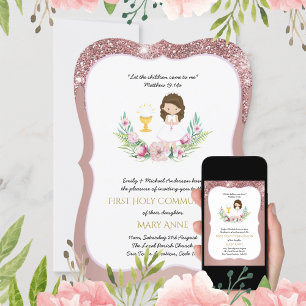 Invitación Rosa Chicas de oro floral primera comunión sagrada